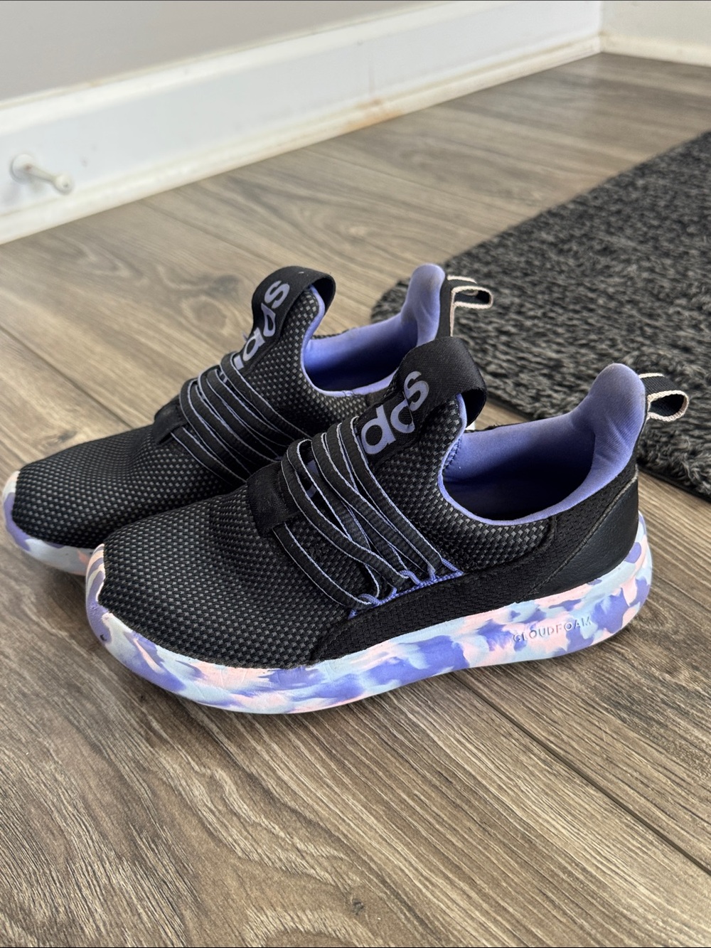 adidas Kids Black Slip-On Sneakers with Purple Lining and Pastel Camouflage Sole